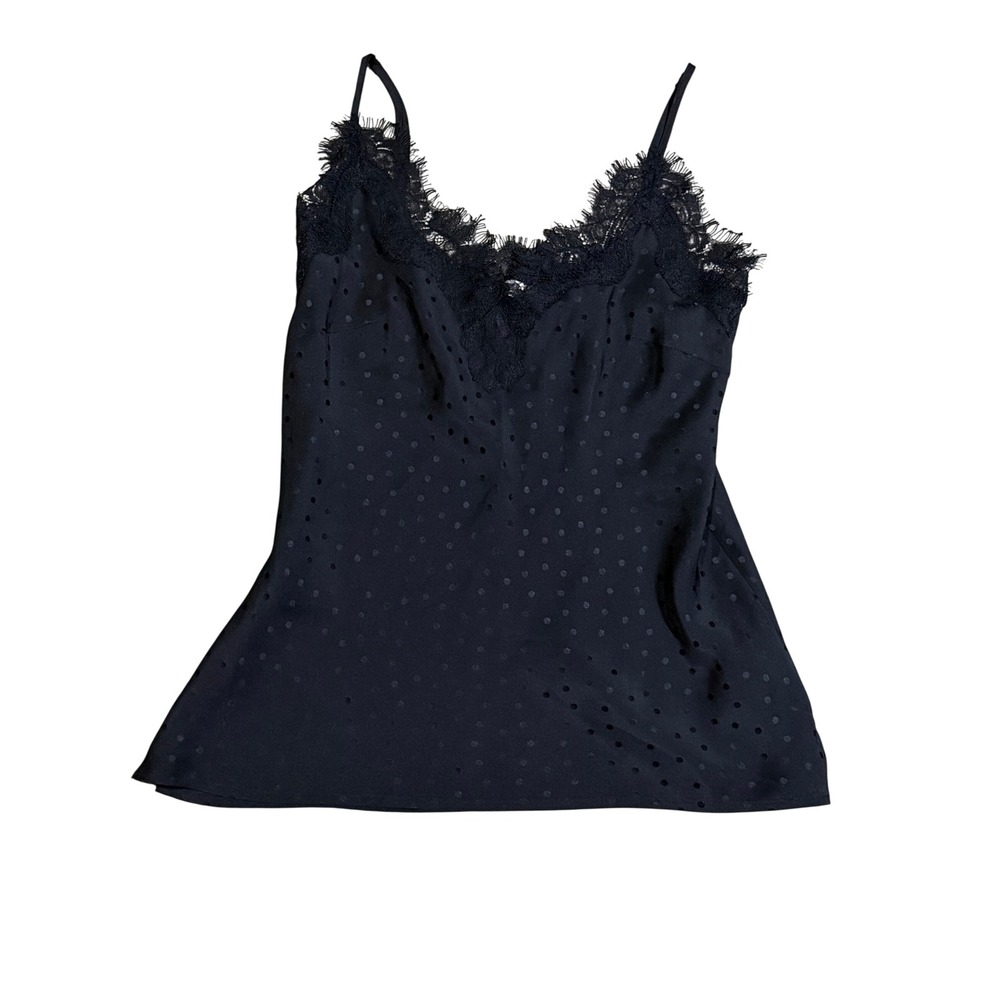 Gold Hawk Black Silk Lace Trim Polka Dot Camisole Top Small Eyelash Lace Cami - Picture 2 of 6
